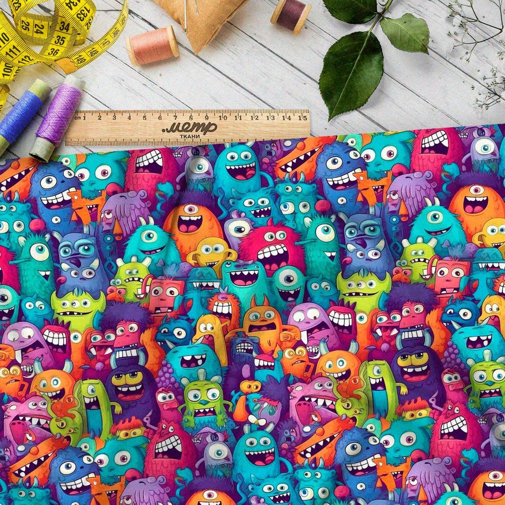 Ткань премиум сатин разноцветные монстры