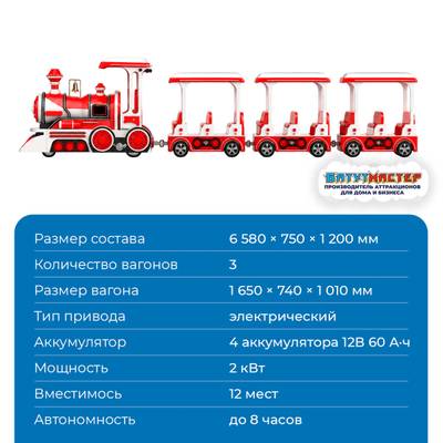 Аттракцион безрельсовый паровозик «Алый экспресс», 3 вагона, 12 мест