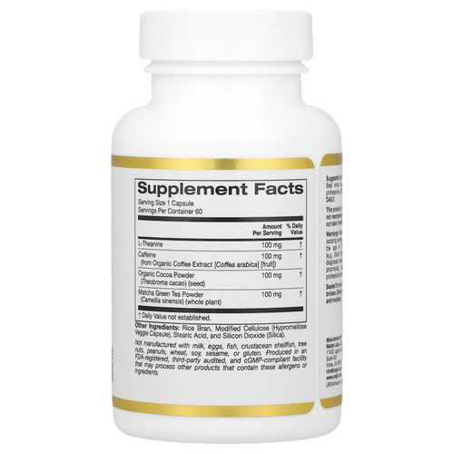 California Gold Nutrition, TheanineUP™, L-теанин, кофеин, какао и матча, 60 растительных капсул