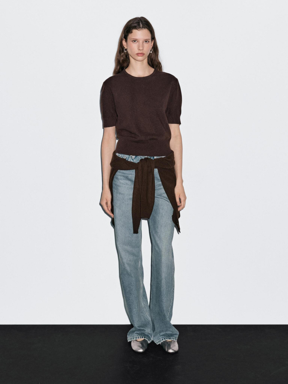 Massimo Dutti Свитер с короткими рукавами из смесовой шерсти, шоколадный