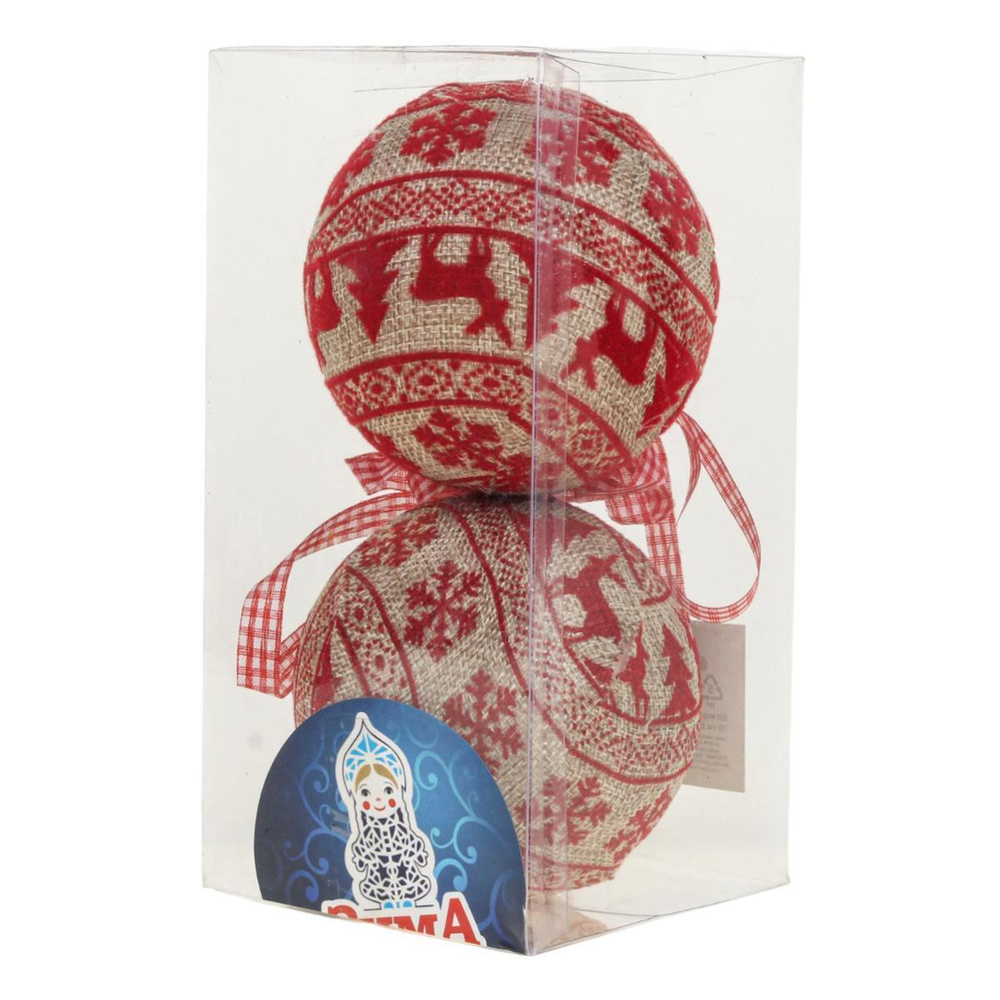 Ел игр Шар мешковина с красным узором 10 см 2 шт, кор прозрач