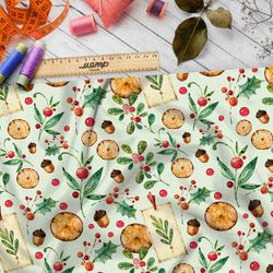 Ткань барби пеньки, шишки и клюква на зелёном фоне