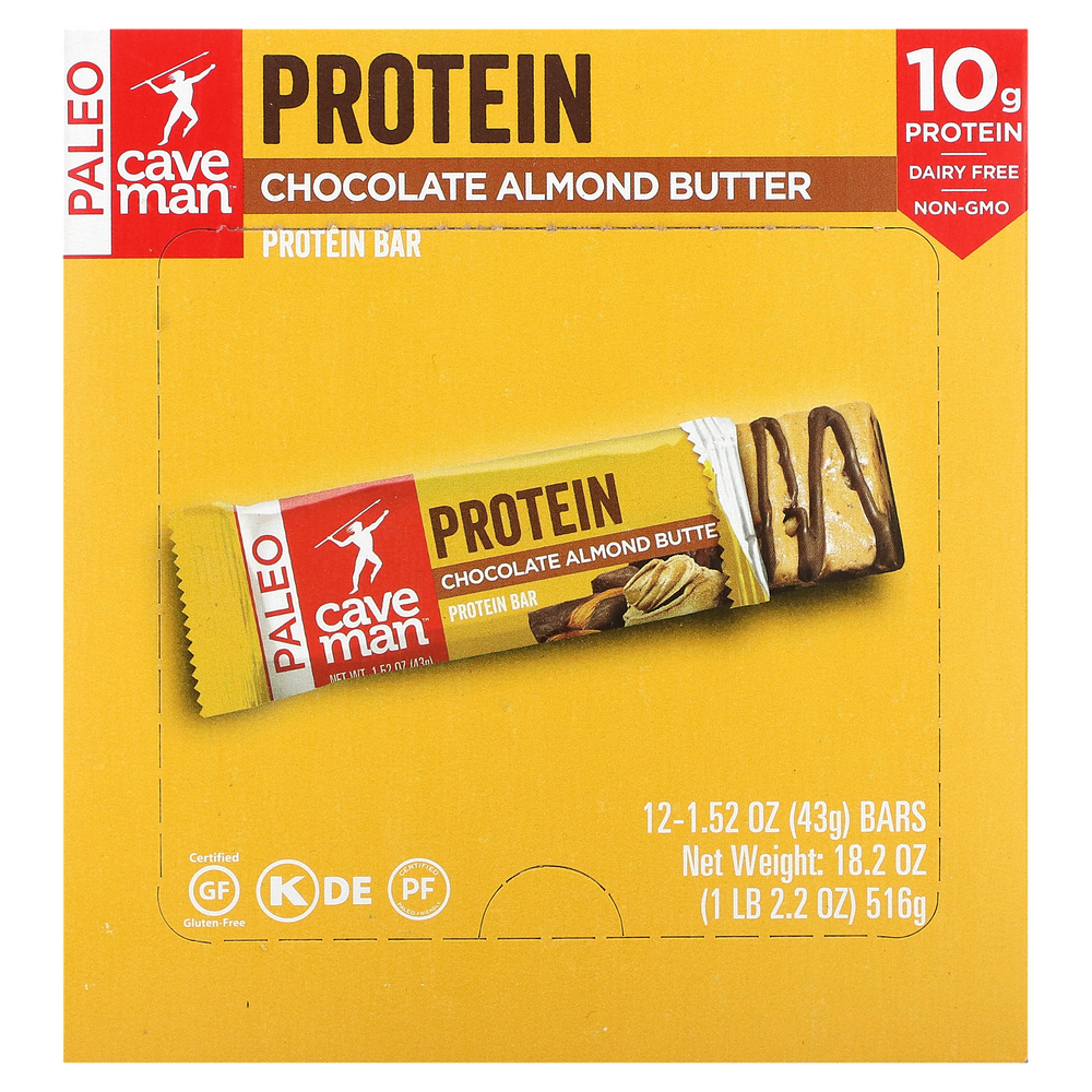 Caveman Foods, Protein Bar, шоколадно-миндальная паста, 12 батончиков, 43 г (1,52 унции)