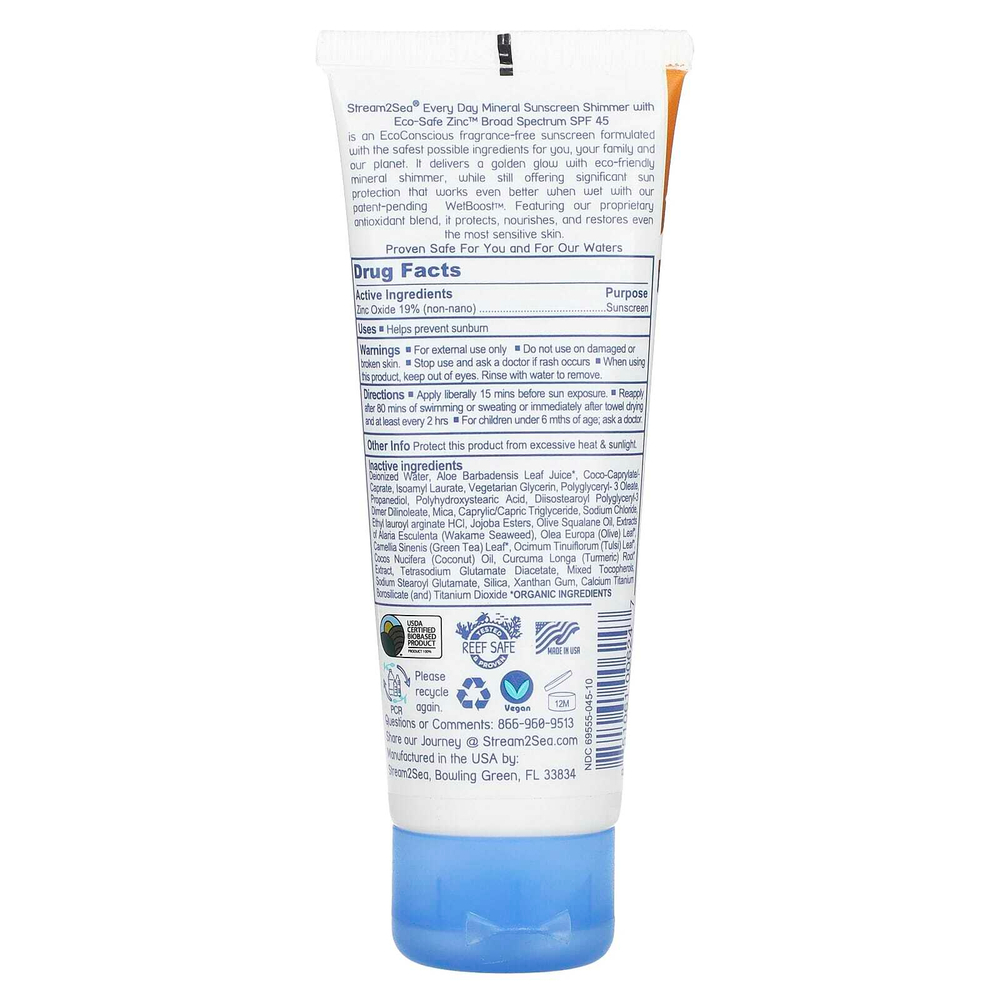 Stream2Sea, Ежедневное минеральное солнцезащитное средство с шиммером, SPF 45, 75 мл (2,5 жидк. унц.)