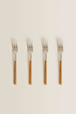 ZARA HOME НАБОР ИЗ ЧЕТЫРЕХ ВИЛОК ДЛЯ ЗАВТРАКА С ДЕРЕВЯННОЙ РУЧКОЙ, КОРИЧНЕВЫЙ