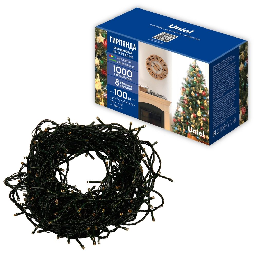 ULD-S10000-1000-DGA MULTI IP20 Гирлянда светодиодная. 100м. 1000 светодиодов. Разноцветный свет. Провод зеленый. ТМ Uniel