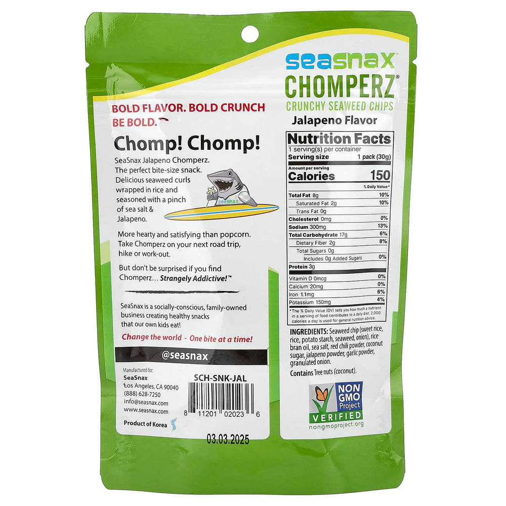 SeaSnax, Chomperz®, хрустящие чипсы из морских водорослей, халапеньо, 30 г (1 унция)