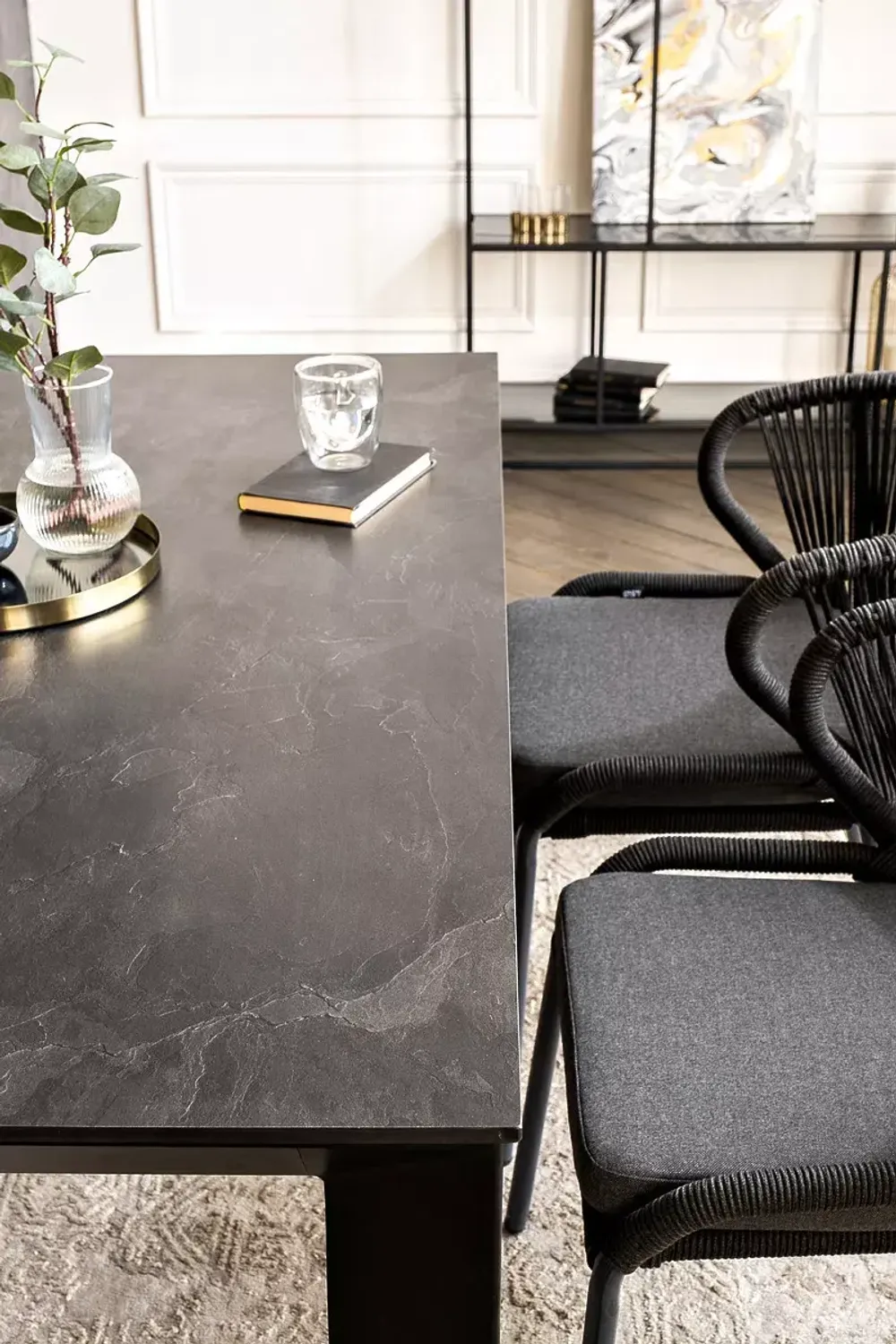 "Венето" обеденная группа на 4 персоны со стульями "Милан", каркас темно-серый, роуп темно-серый