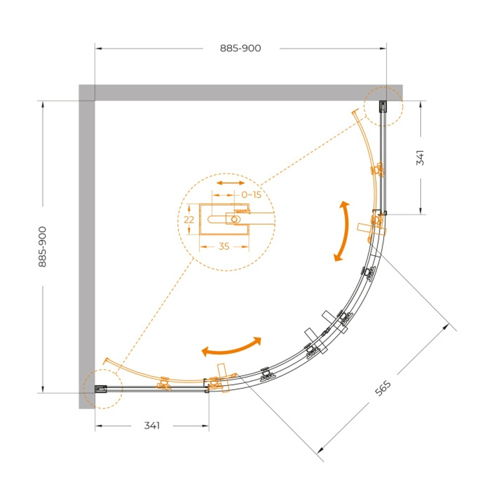 Душевой уголок Cezares PLANE-R-2-90-C-BORO, 90х90х195, профиль брашированное золото, стекло прозрачное