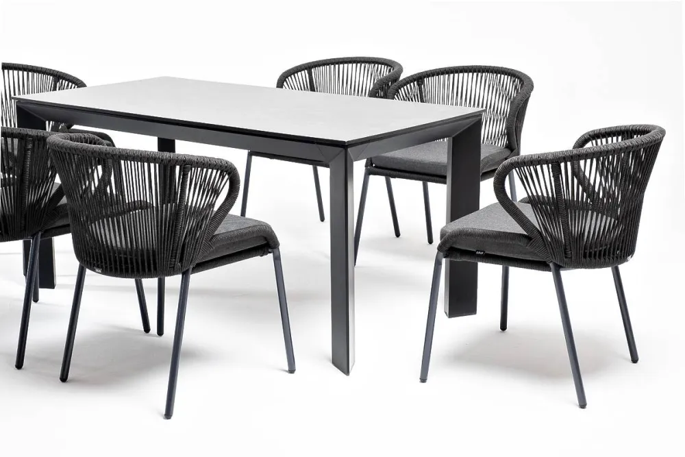 "Венето" обеденная группа на 6 персон со стульями "Милан", каркас темно-серый, роуп темно-серый