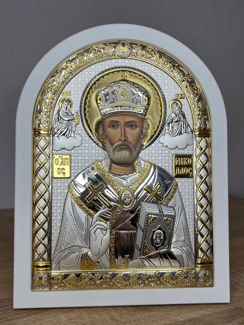 Николай Чудотворец, икона арочная, белое дерево 105х140