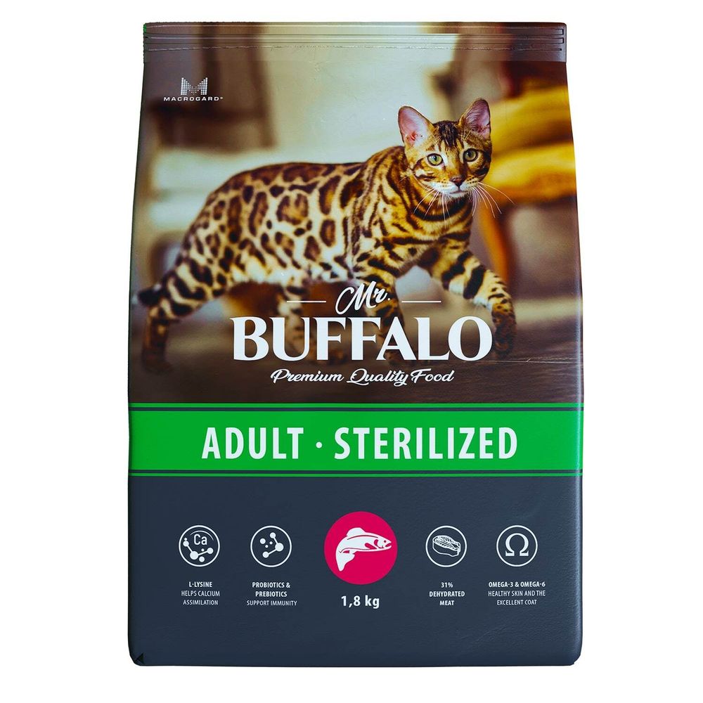 Сухой корм MR.BUFFALO STERILIZED для стерилизованных кошек и кастрированных котов лосось 1,8 кг