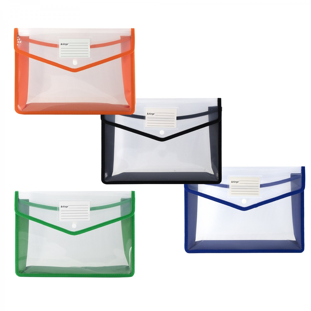 Папка-конверт на кнопке Alingar, A4, 250х330х75 мм, горизонтальная, 450 мкм, карман для визитки, ассорти, прозрачная
