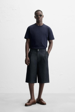 ZARA БАЗОВАЯ ФУТБОЛКА HEAVYWEIGHT С ОТДЕЛКОЙ РУБЧИКОМ, МОРСКОЙ СИНИЙ