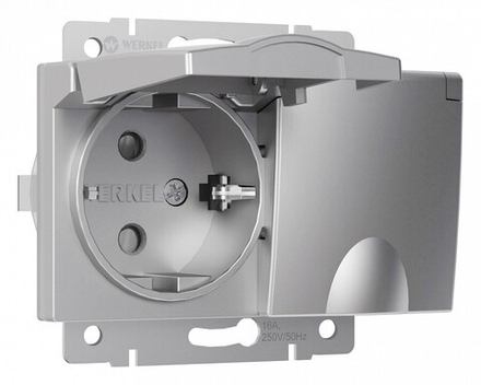 Розетка двойная влагозащищенная с заземлением и со шторками, без рамки с крышкой Werkel серебряные W1172206