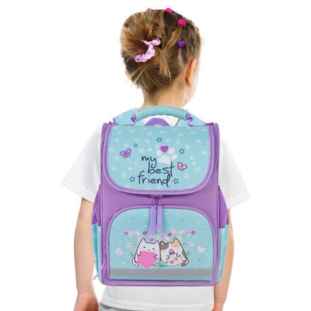 Ранец ПИФАГОР BASIC, 1 отделение, 3 кармана, эргономичная спинка, "Cat friends", 35х28х18 см, 272048