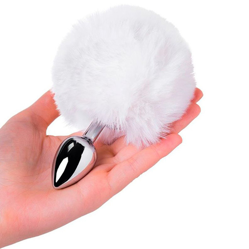 Серебристая анальная втулка 13см с белым хвостиком ToyFa Metal 712025-10