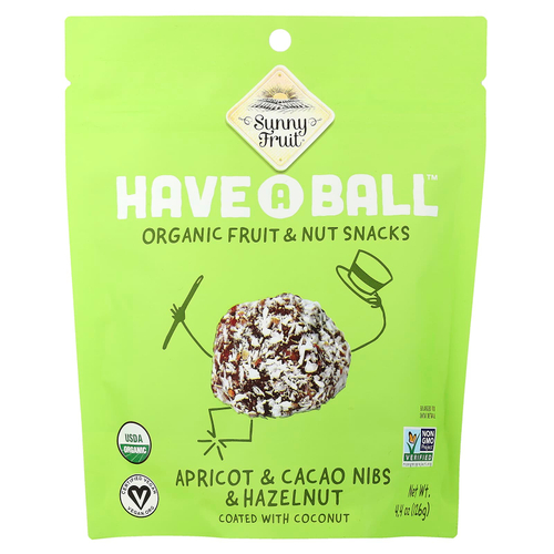 Sunny Fruit, have A Ball™, органические снеки с фруктами и орехами, абрикос, ядра какао-бобов и фундук, 126 г (4,4 унции)