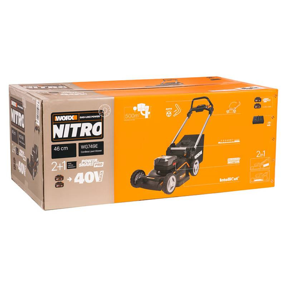 Газонокосилка аккумуляторная бесщеточная самоходная WORX WG749E, 40 В,46 см,4Ач х2, ЗУ 2А х2,коробка