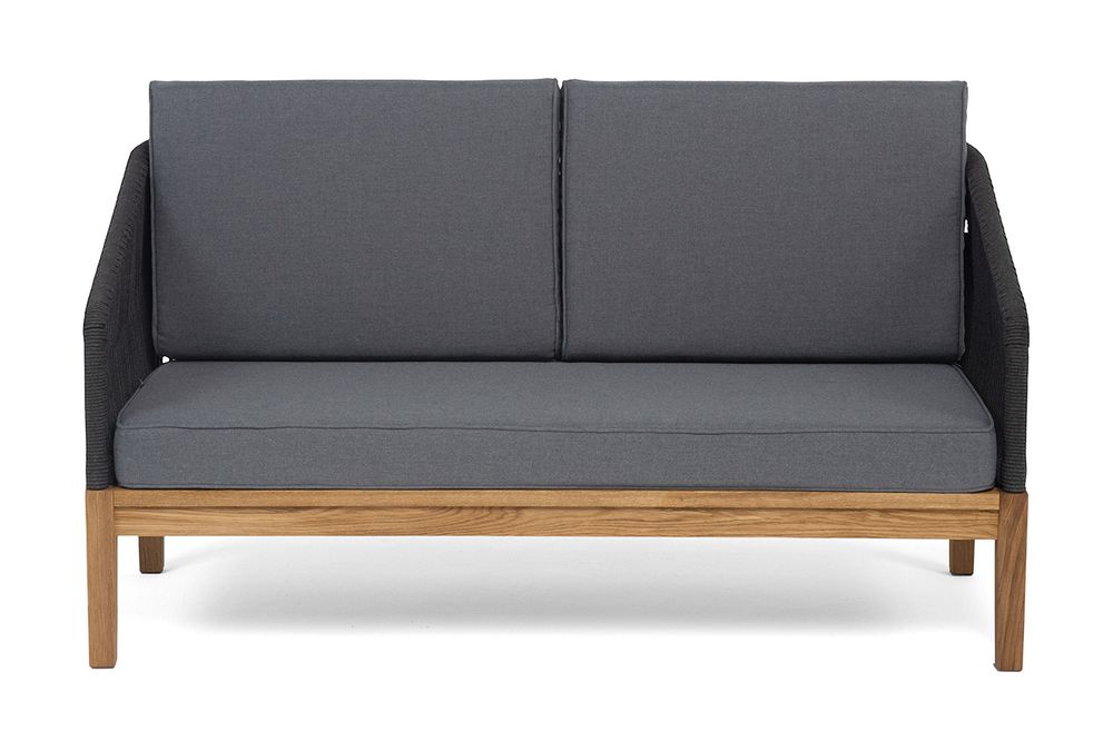 "Канны" диван 2-местный плетеный из роупа, основание дуб, роуп темно-серый круглый, ткань темно-серая 027