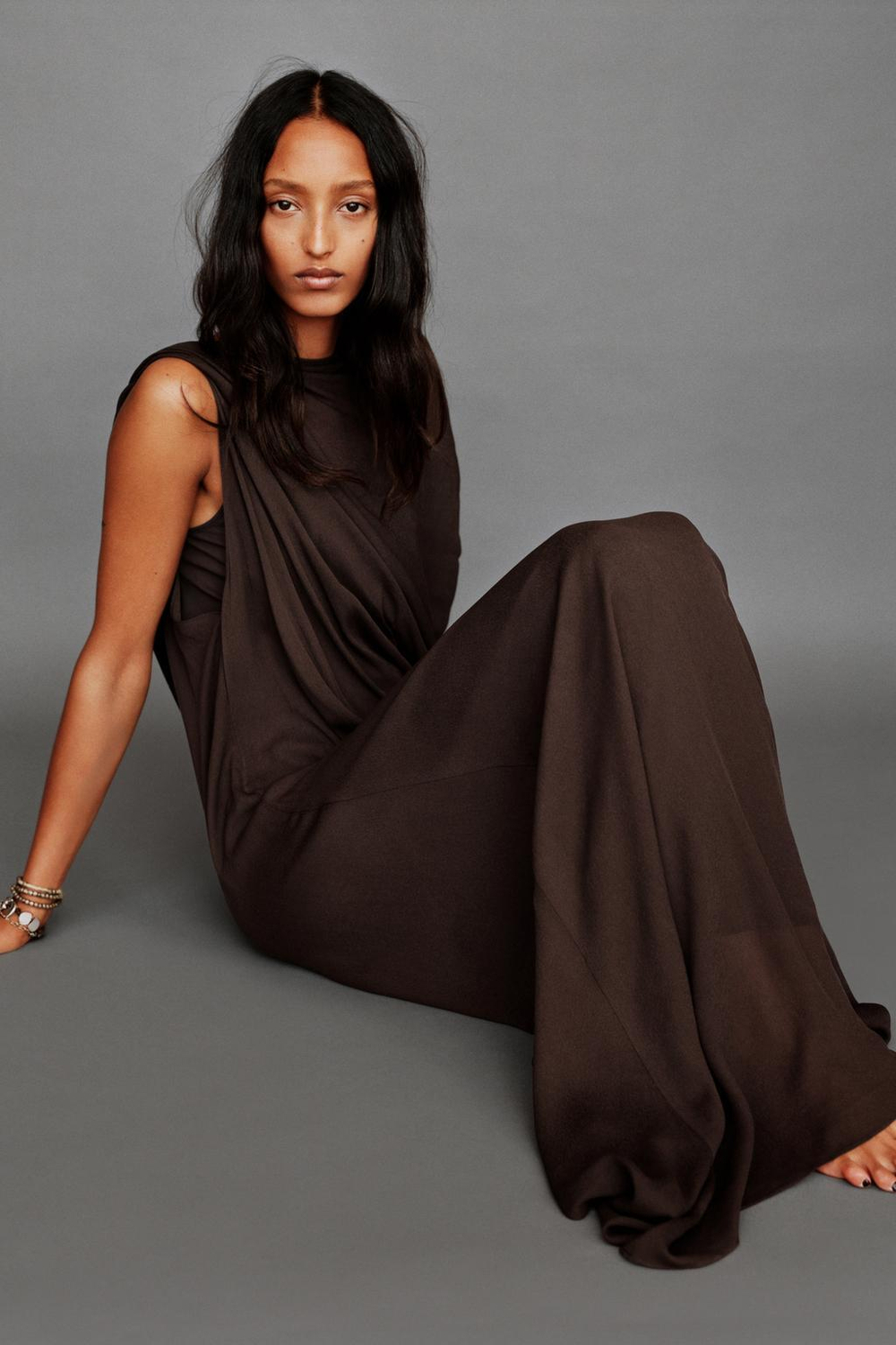 ZARA ДЛИННОЕ КОМБИНИРОВАННОЕ ПЛАТЬЕ-НАКИДКА — LIMITED EDITION, КОРИЧНЕВЫЙ