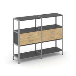 Shelf System Двухсекционный стеллаж трехярусный с ящиками SN.STM-322 Антрацит/Тиквуд Светлый/Металл