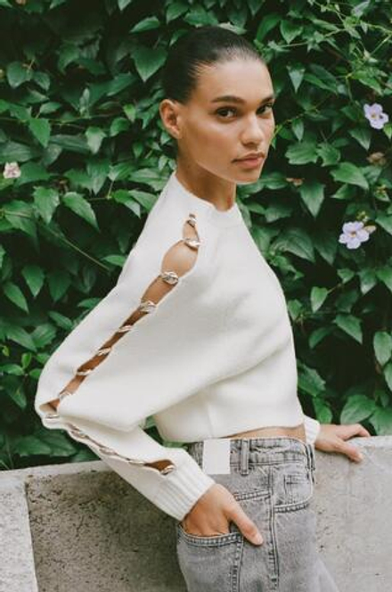 ZARA СВИТЕР С БУСИНАМИ НА РУКАВАХ, БЕЛЫЙ