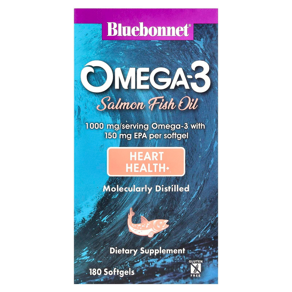 Bluebonnet Nutrition, Рыбий жир лосося с омега-3, 1000 мг, 180 мягких таблеток