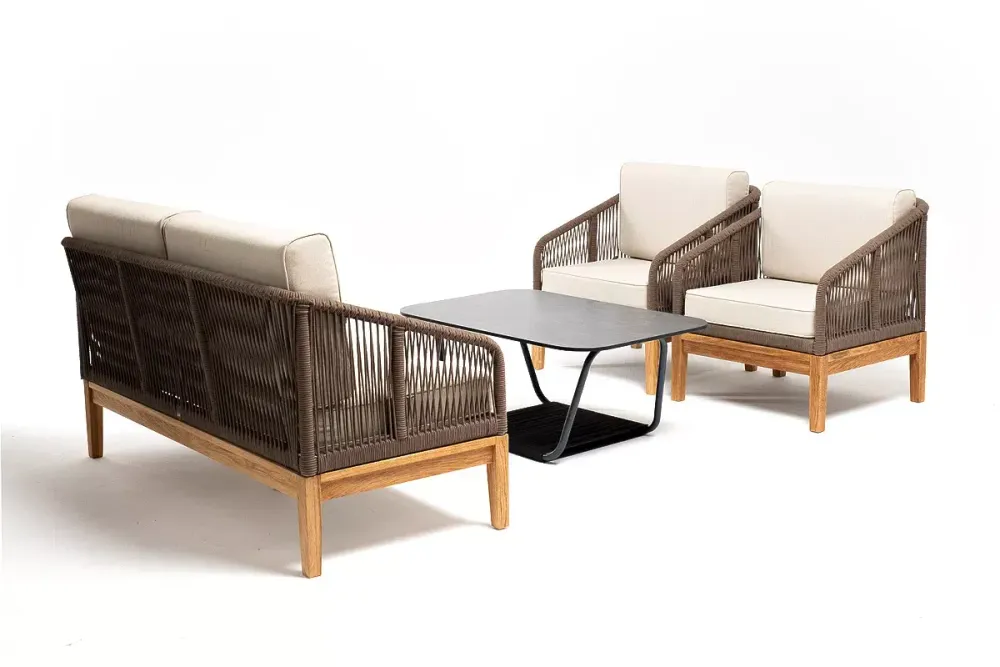 "Канны" лаунж-зона 4-местная из роупа со столом "Гранада" (серый гранит), основание дуб, роуп коричневый, ткань бежевая