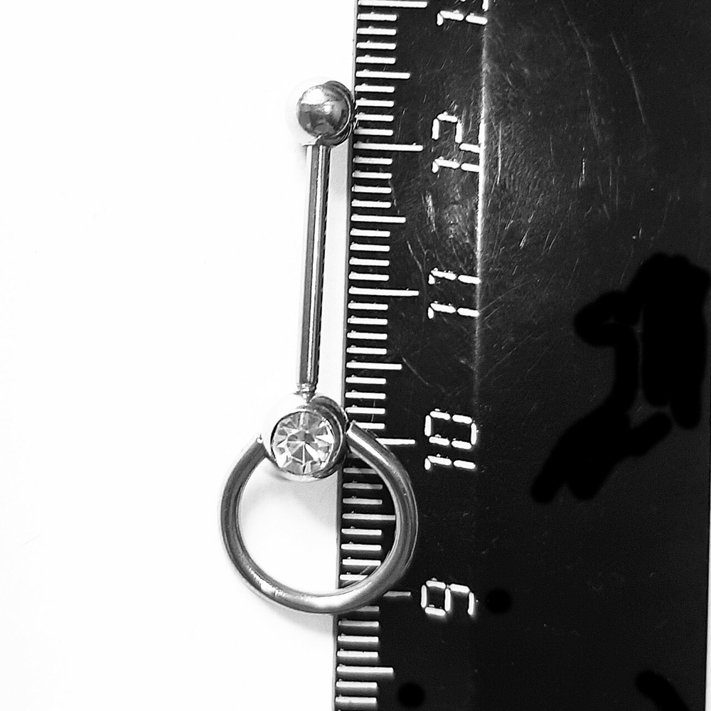 Штанга 16 мм , толщиной 1,6 мм для пирсинга языка с шариком 5мм и кольцом с кристаллом 10мм. Медицинская сталь. 1 шт