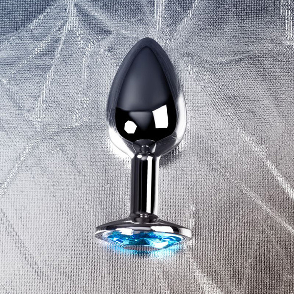 Маленькая коническая серебристая анальная пробка 7см с голубым кристаллом ToyFa Metal 717001-14