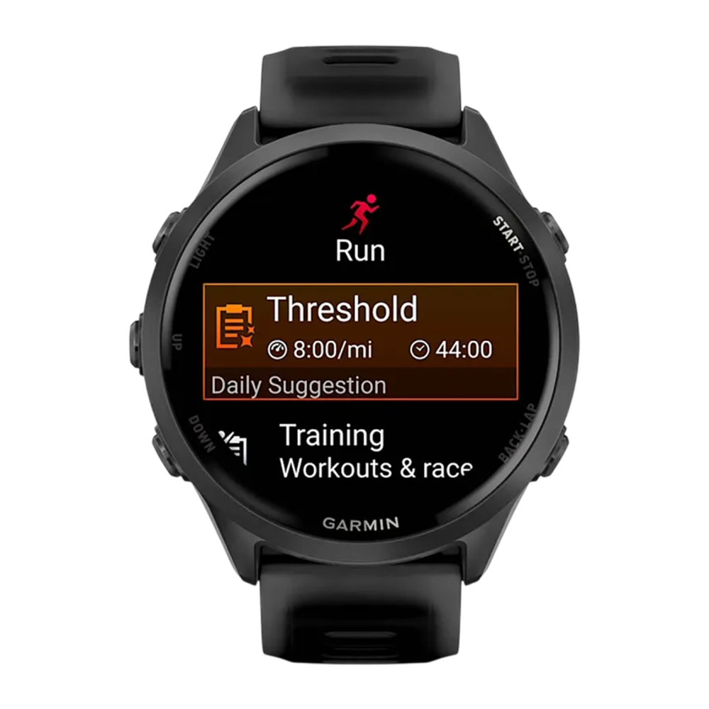 Спортивные часы Garmin Forerunner 570, 47 мм, силиконовый ремешок цвета «полупрозрачный чёрный»/чёрный Сланцево-серый алюминиевый безель, AMOLED-дисплей с Gorilla Glass 3. Ремешок с классической застёжкой — на запястье обхватом 135–205 мм