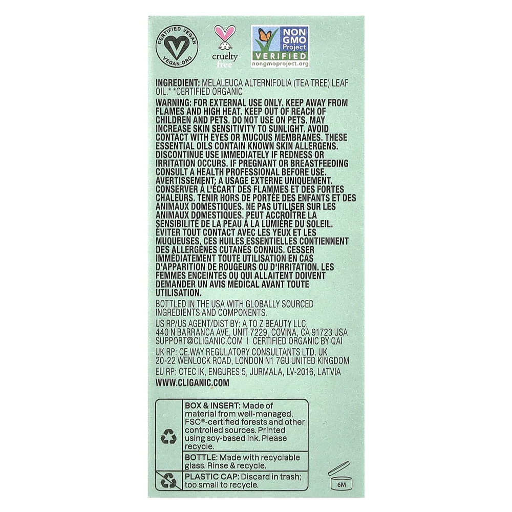 Cliganic, Boost of Clarity ™, органическое эфирное масло, чайное дерево, 10 мл (0,34 жидк. Унции)