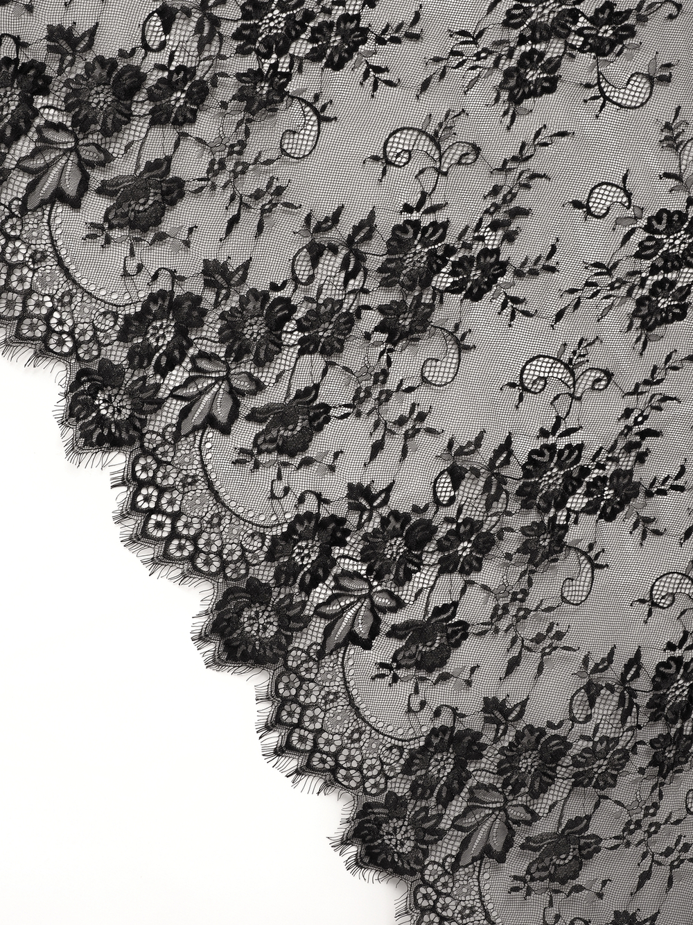 Кружево шантильи черное широкое неэластичное ширина 1,5 м купон 2.9 м