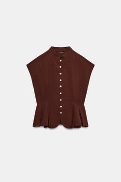 ZARA ТОП С БАСКОЙ И ЗАЩИПАМИ, СВЕТЛО-КОРИЧНЕВЫЙ