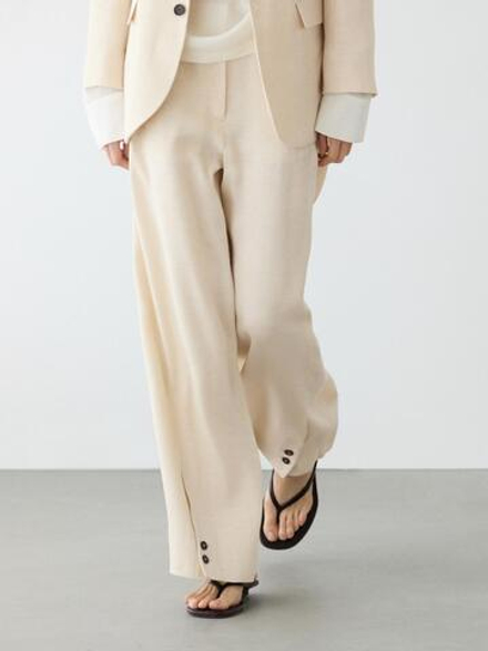 Massimo Dutti Брюки от костюма из смесовой льняной ткани с пуговицами, кремовый