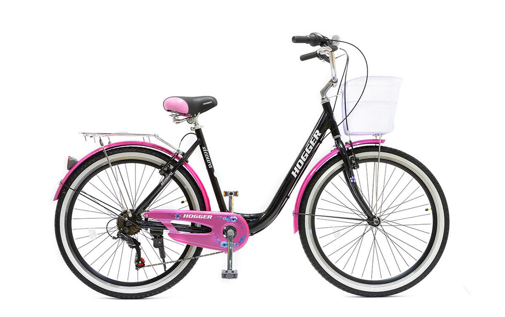 Велосипед 26 HOGGER SIGOURA V, 16, алюминий, 7-скор., корзина, черно-розовый