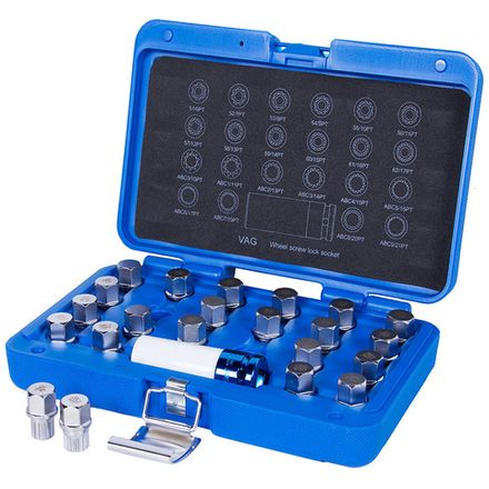 Цена на KING TONY (9BW0123) Набор насадок для монтажа/демонтажа секреток колес VW, 23 предмета