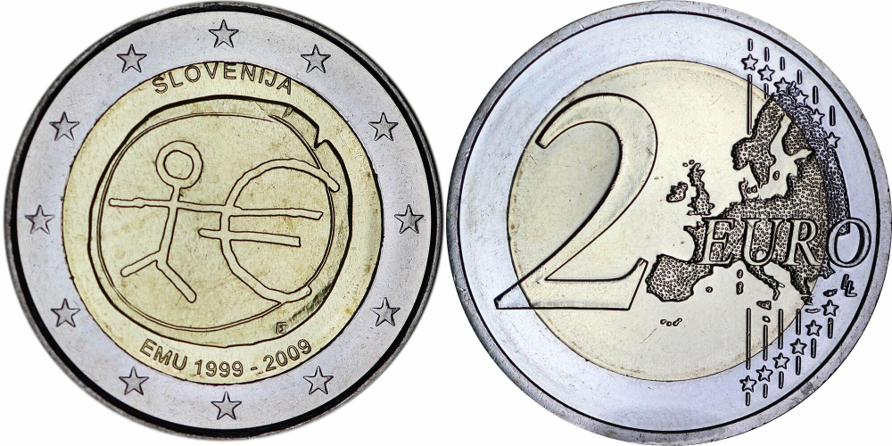 Словения 2 евро, 2009 10 лет монетарной политики ЕС (EMU) и введения евро aUNC
