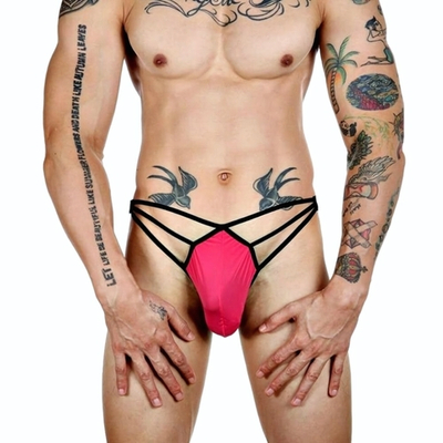 Розовые сексуальные трусы-стринги на тонких черных бретелях (Размер: XXL) (Цвет: розовый с черным)