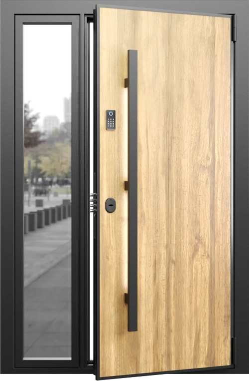 Полуторная входная дверь с остекленной боковой вставкой ШПОН Дуб Европейский - 1164