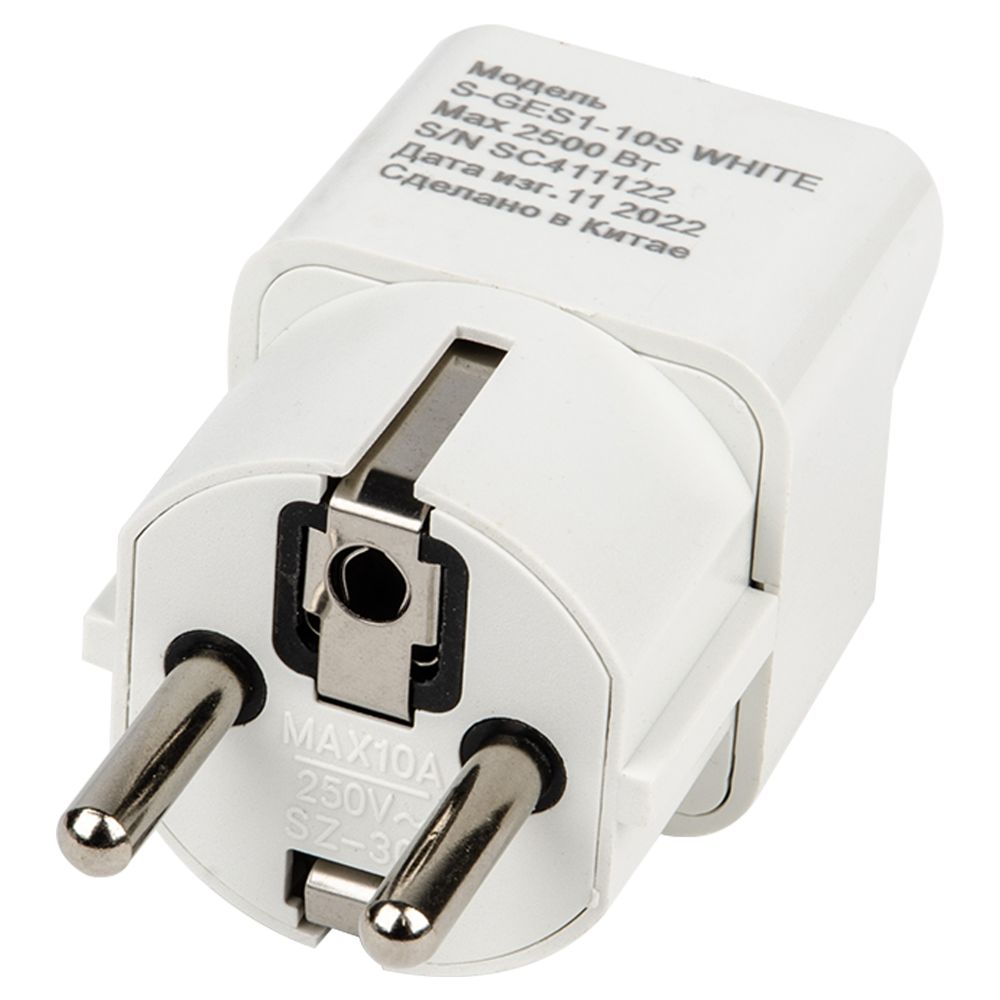 S-GES1-10S WHITE Переходник сетевой. 10А. 2500Вт. с заземлением. Белый. ТМ Uniel