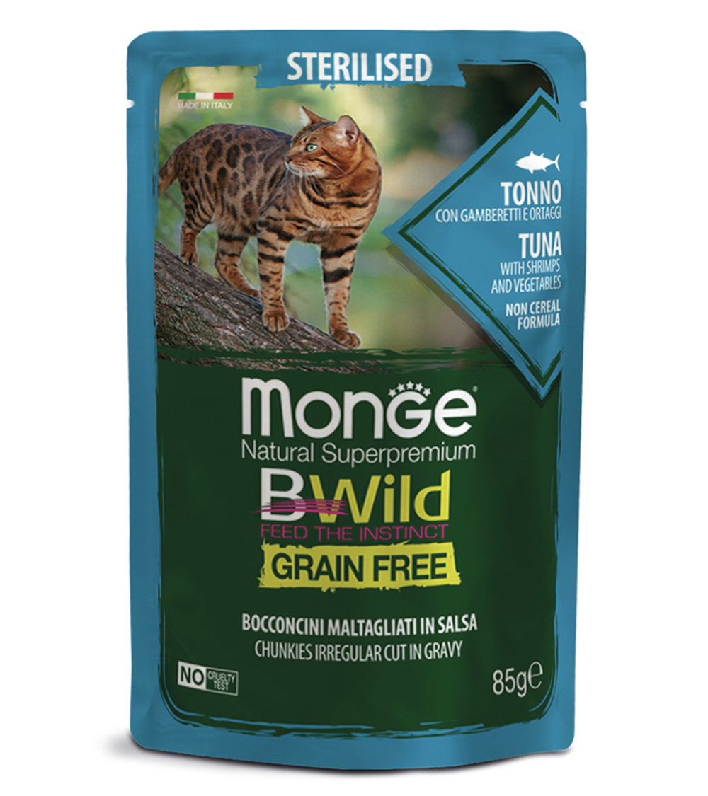 Монж Cat BWild Grain Free Стерилизованные кошки Тунец с креветками с овощами 85гр.