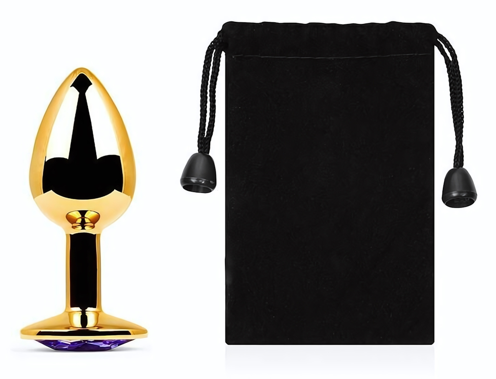 Золотистая анальная пробка с фиолетовым стразом - 7,2 см. (Цвет: фиолетовый)