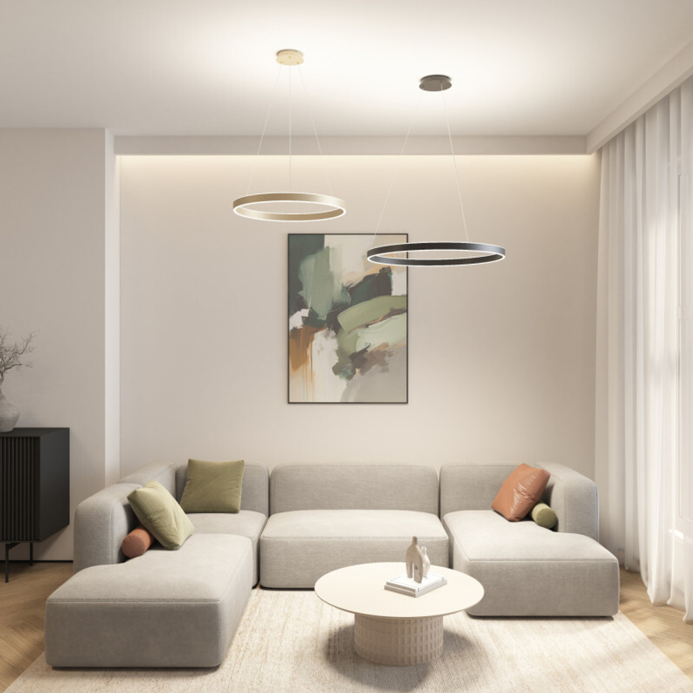 Светильник подвесной RAYDIA, 60 Вт, 3000–4000К, ?800?1500 мм, металл+акрил, матовое золото, свет вверх/вниз