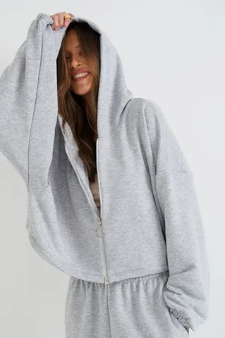 Укороченное худи на молнии цвета серый меланж