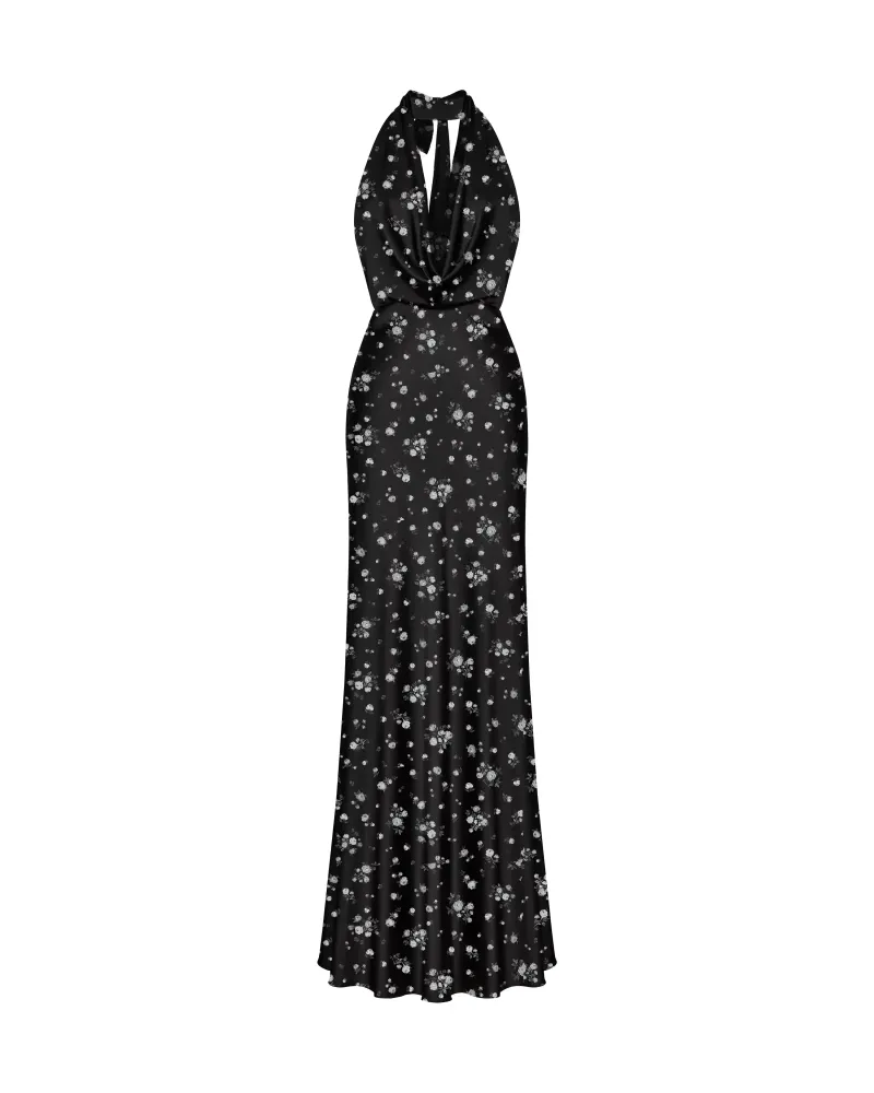 Alia maxi, платье макси с чокером из черного атласа с цветочным принтом