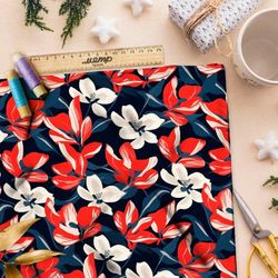 Ткань Ниагара Софт бело-красная цветочная иллюстрация