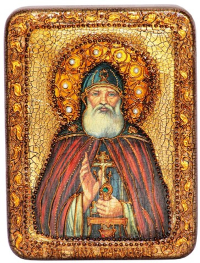Инкрустированная икона Преподобный Илия Муромец, Печерский 20х15см на натуральном дереве в подарочной коробке