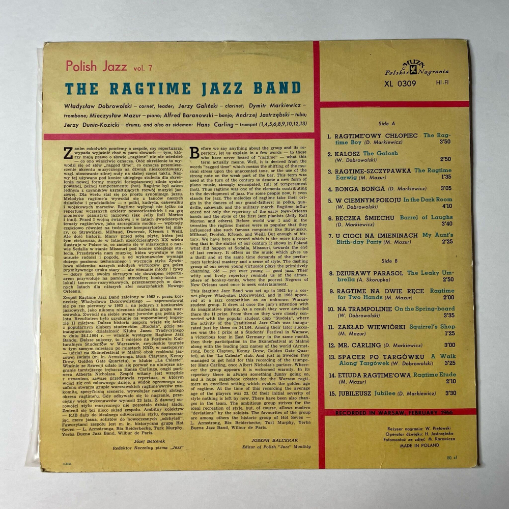 Винтажная виниловая пластинка LP The Ragtime Jazz Band (Польша 1966) Польский Джаз
